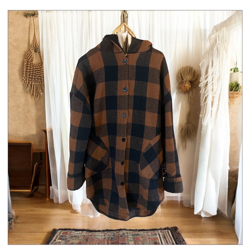 Boutique Voila! Canada Orange/Black Buffalo Check Wool Lined Hooded Coat EUC-SzM